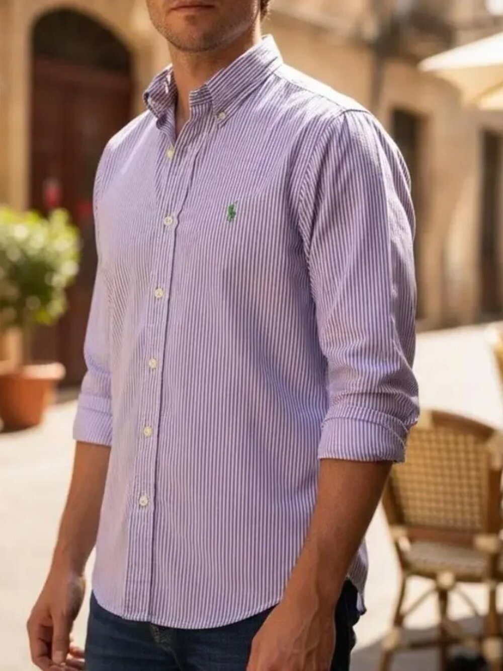 POLO RALPH LAUREN CLASSIC FIT BUTTON-DOWN SHIRT STRIPED PONY LOGO STRETCH 16.5/L
